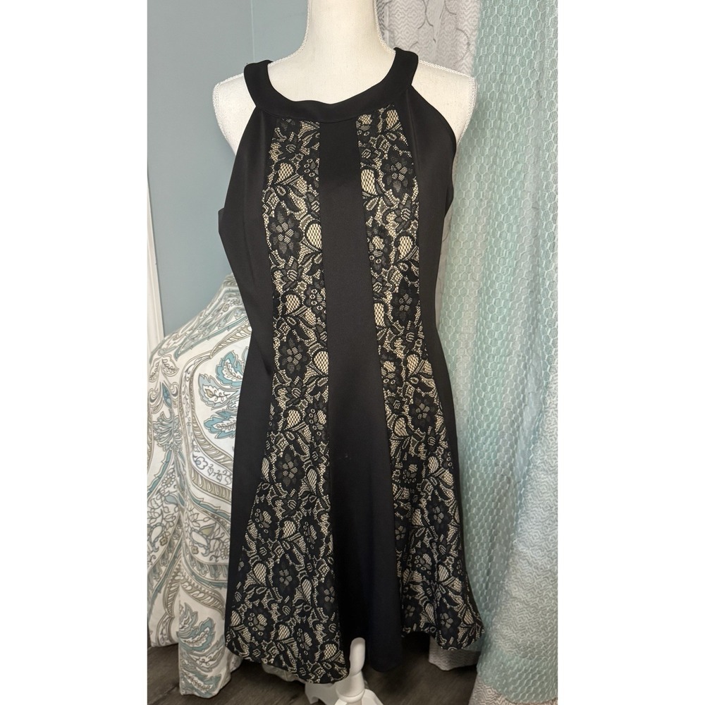 Enfocus Studio Black and Nude Sleeveless Halter Lace Panel Fit Flare Dress 12